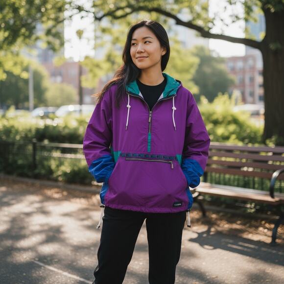 Vintage 80s LL Bean Purple Quarter Zip Aztec Print Pullover Windbreaker Jacket - Picture 1 of 9